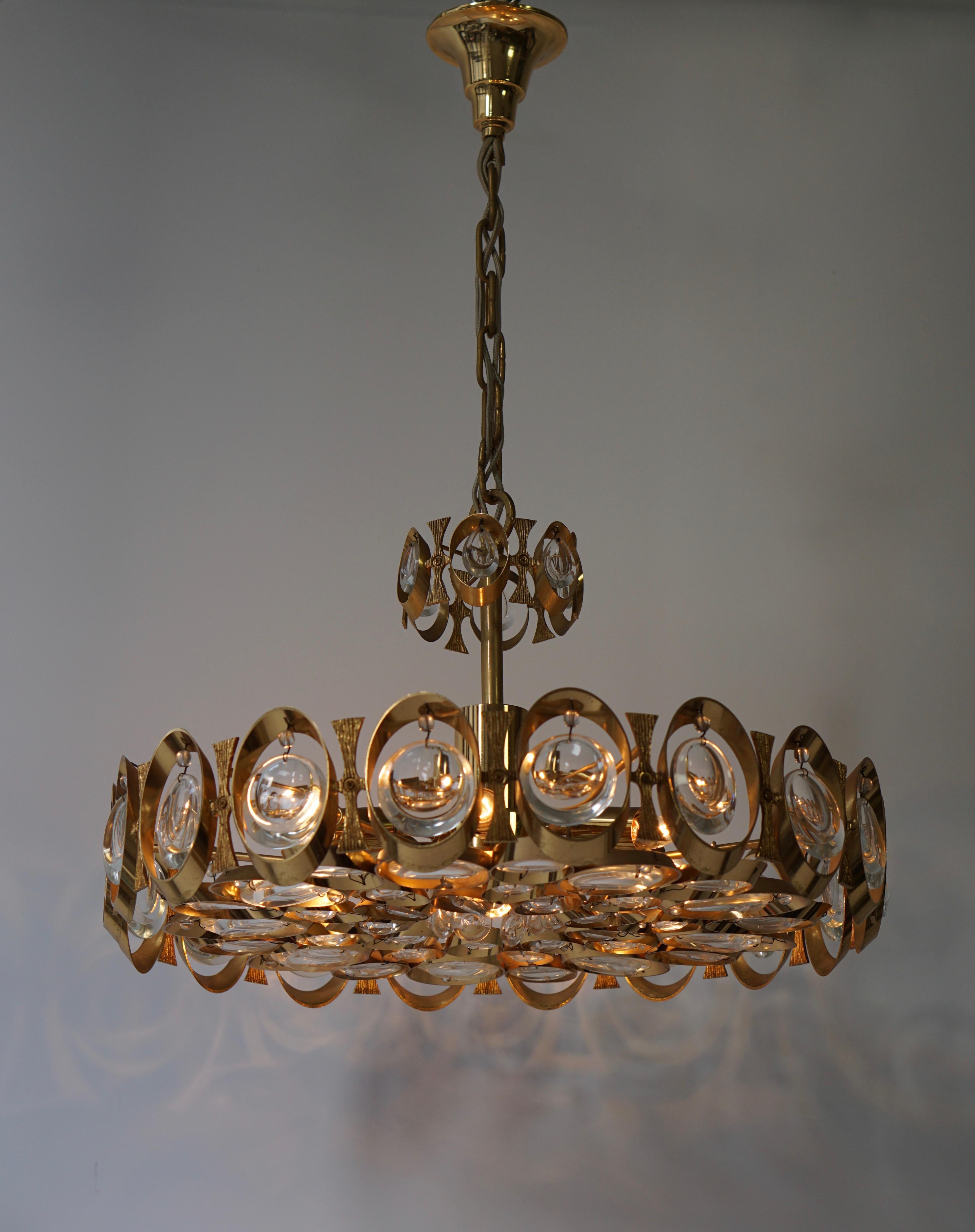 20th Century Palwa Chandelier or Pendant Light, Gilt Brass and Crystal Glass, 1970 For Sale