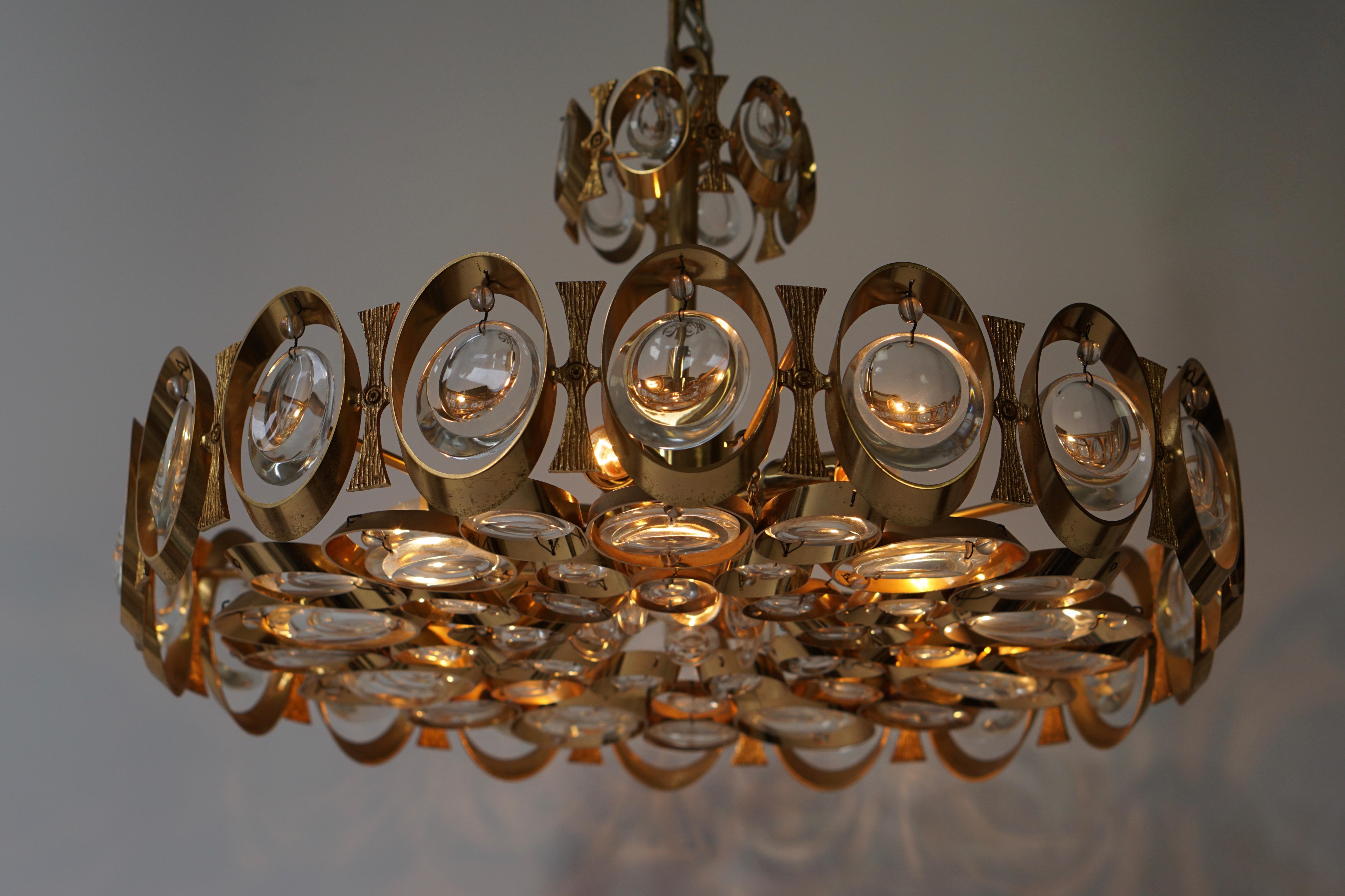 Palwa Chandelier or Pendant Light, Gilt Brass and Crystal Glass, 1970 For Sale 1