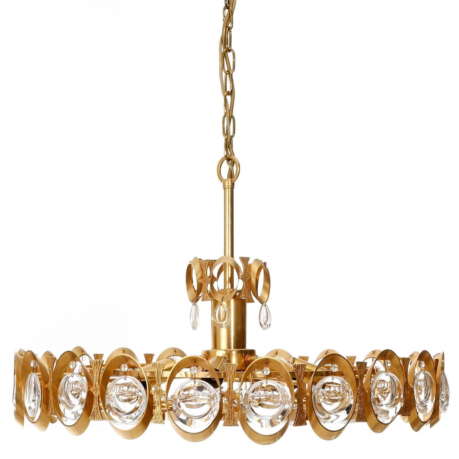 Palwa Chandelier or Pendant Light, Gilt Brass and Crystal Glass, 1970 3