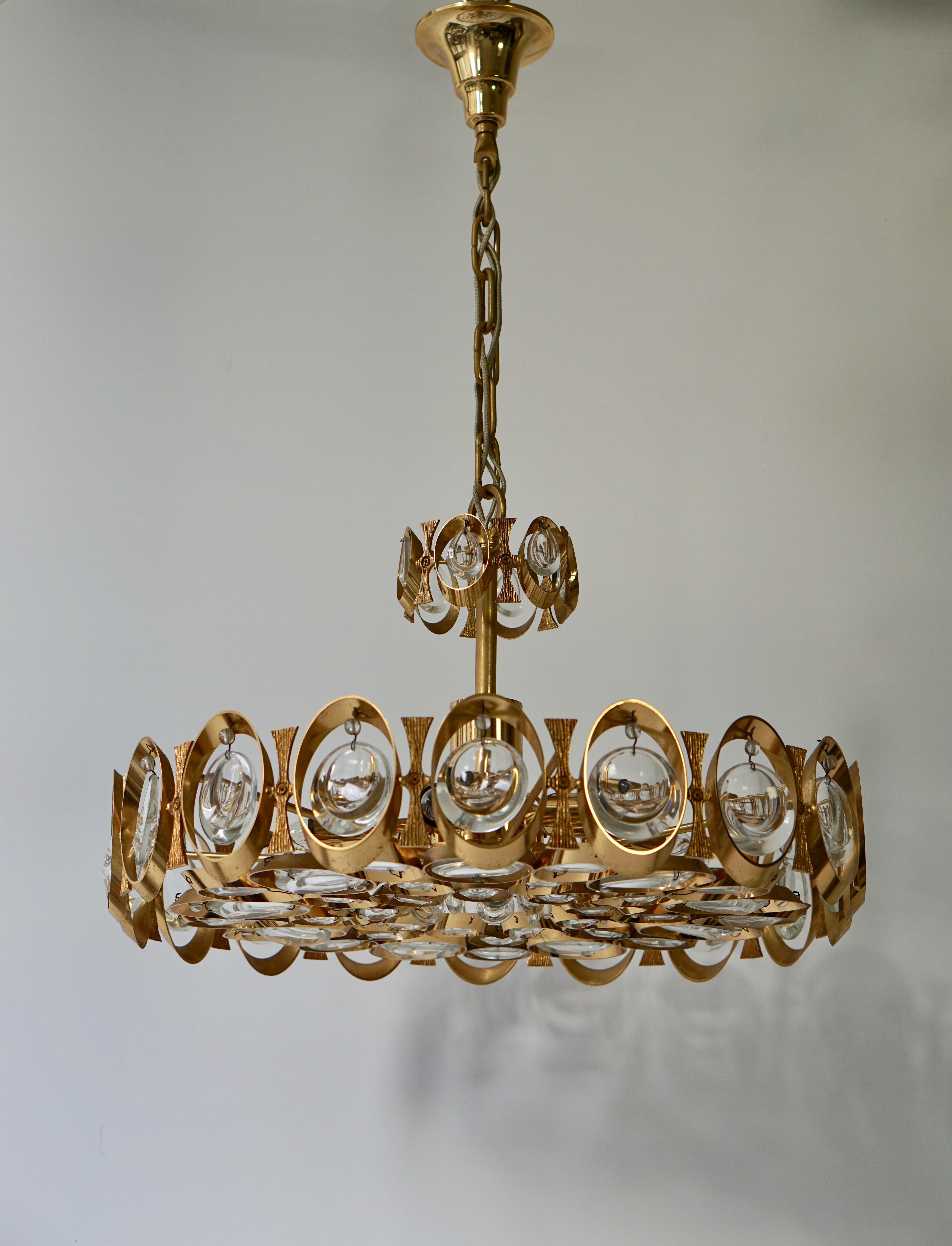 Palwa Chandelier or Pendant Light, Gilt Brass and Crystal Glass, 1970 For Sale 2