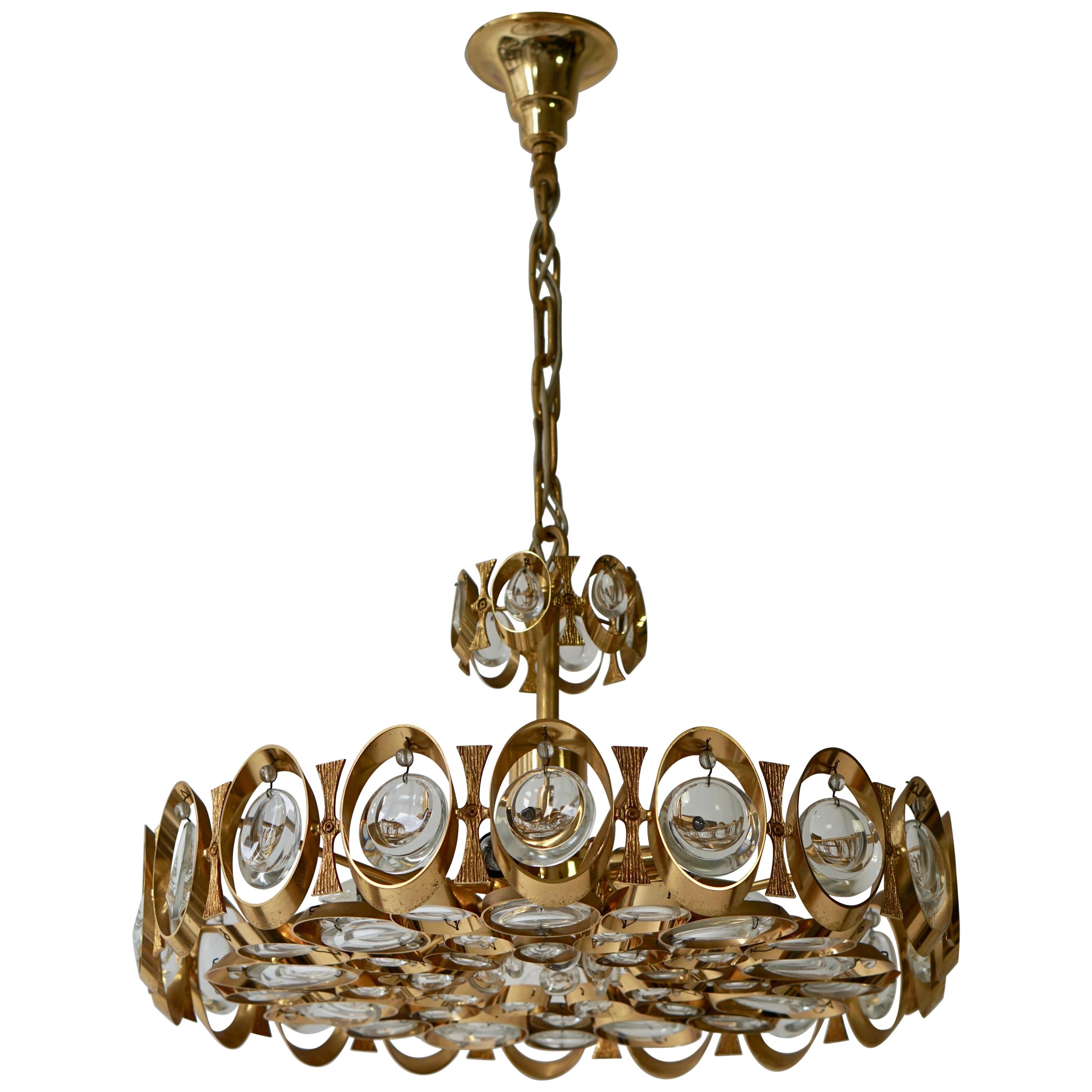 Palwa Chandelier or Pendant Light, Gilt Brass and Crystal Glass, 1970