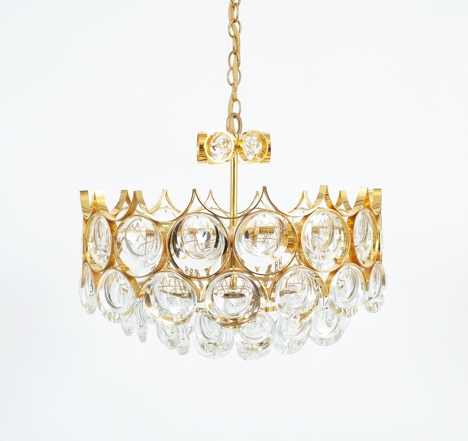 Gilt Palwa Chandeliers Lamps Set of 3 Petite Gold Brass Glass Refurbished, 1960 For Sale