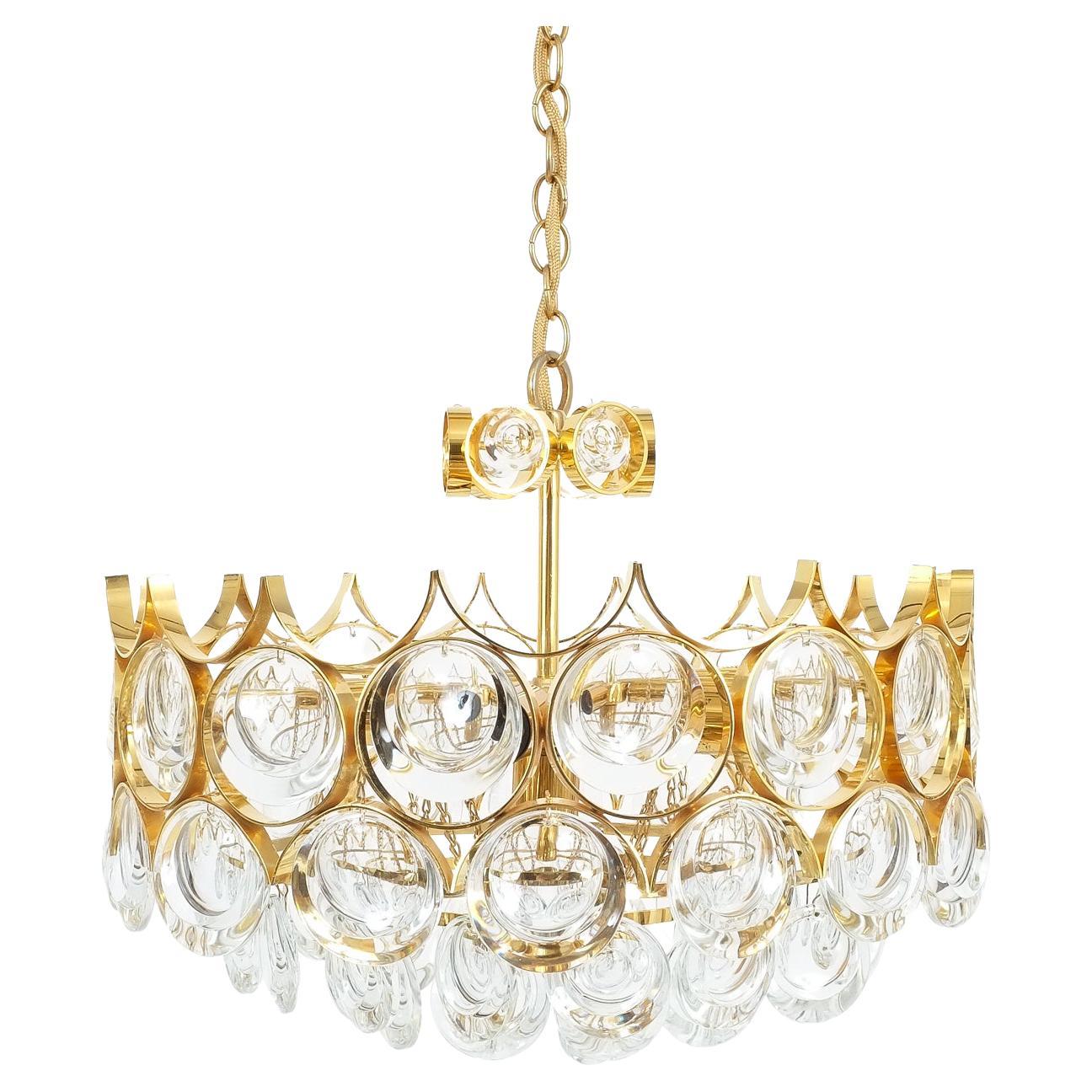 Palwa Chandeliers Lamps Set of 3 Petite Gold Brass Glass Refurbished, 1960 For Sale