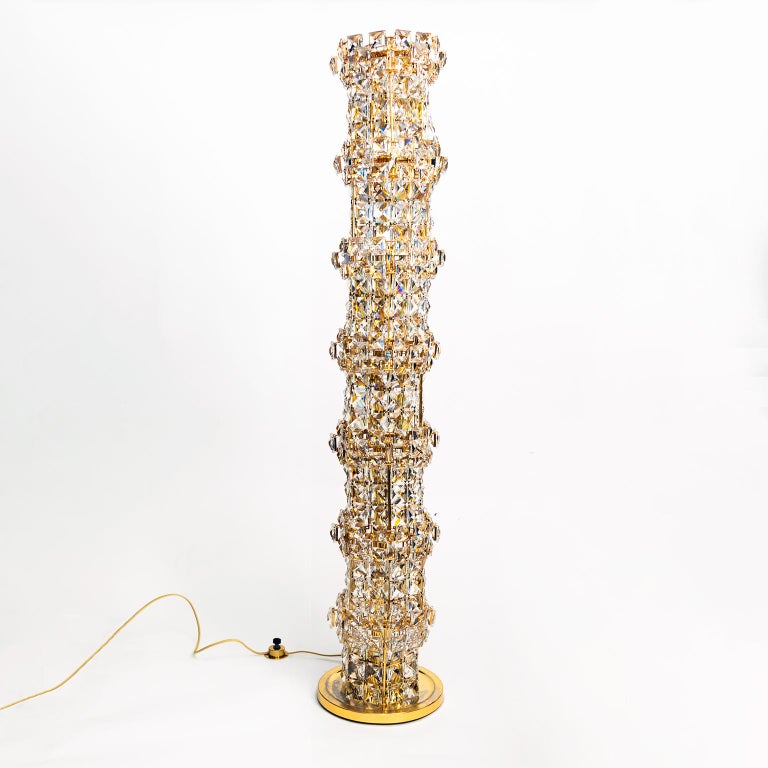 Gilded Brass Tower Floor Lamp 1960s, Floor Lamp Crystal Tower