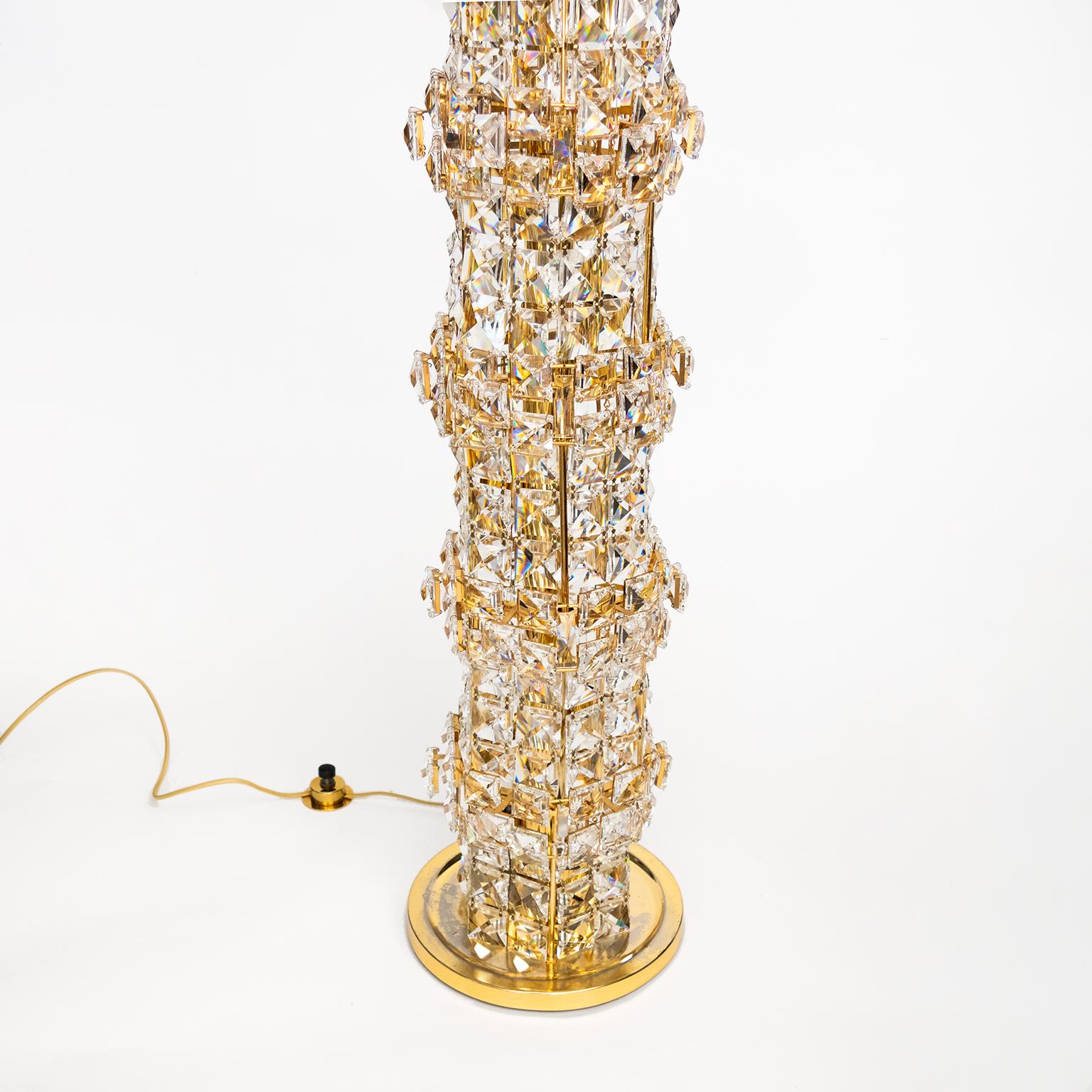 German Palwa Crystal and Gilded Brass Tower Floor Lamp, 1960s