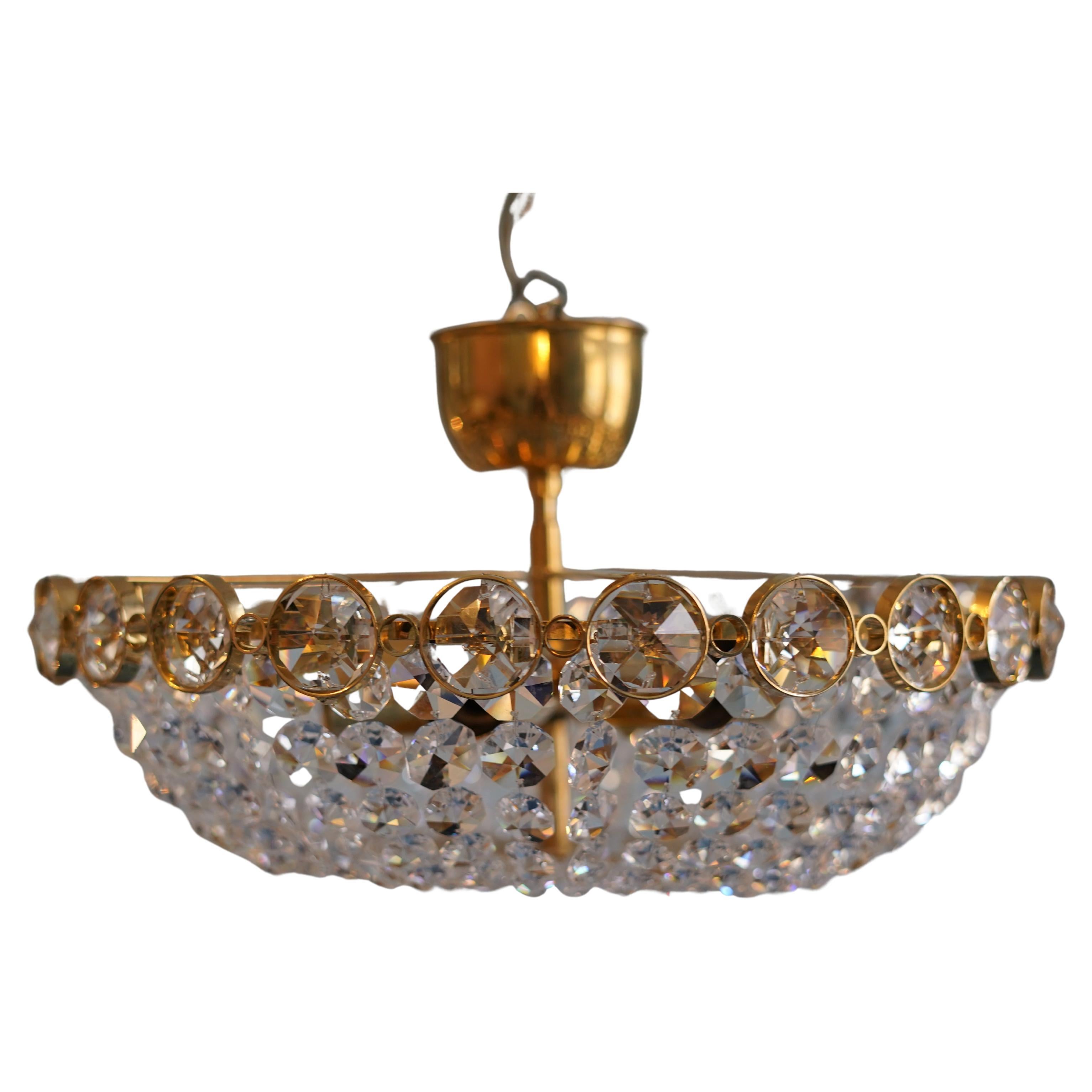 Palwa Crystal and Gold Plated Brass Chandelier, 1960 Austria For Sale