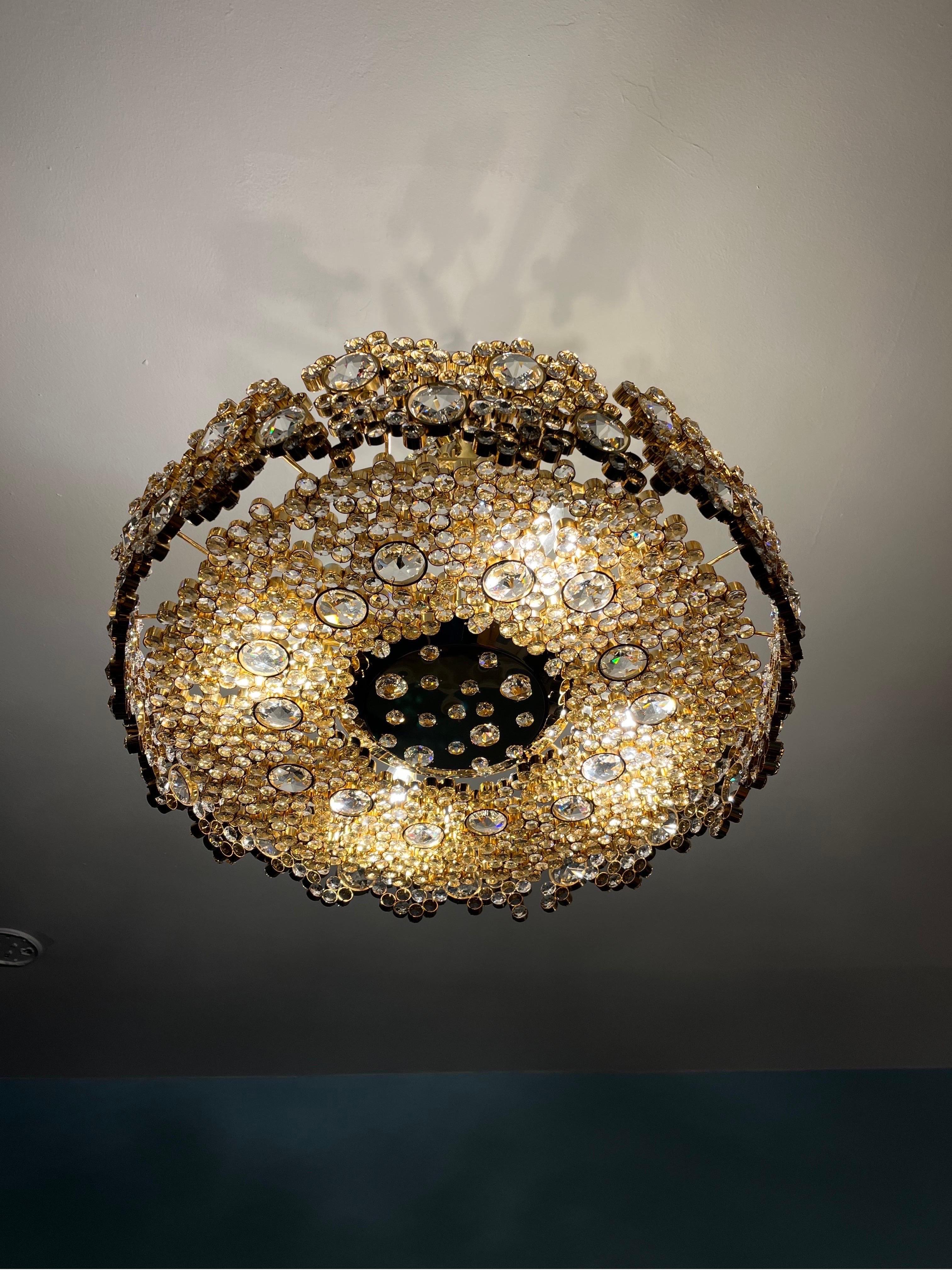 Faceted Palwa Crystal and gold plated Brass Chandelier and Mirror , 1970 Austria