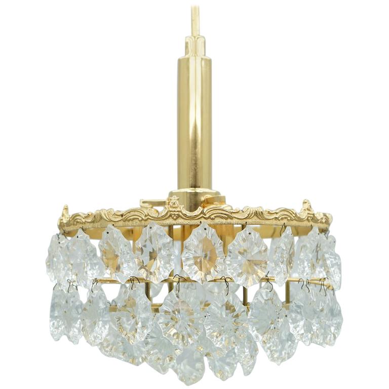 Palwa Crystal Glass and Brass Chandelier, 1960s For Sale