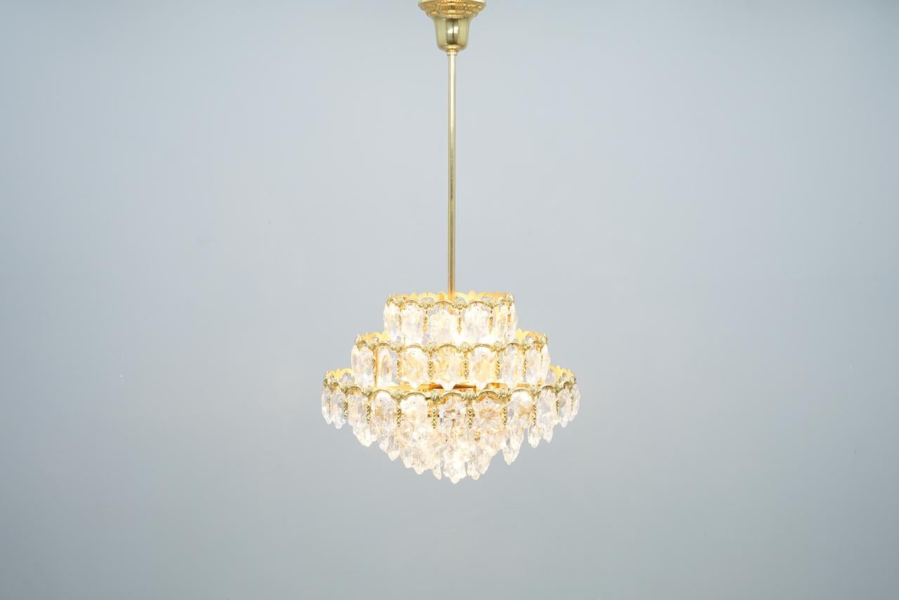 German Palwa Crystal Glass and Brass Chandelier, 1960s For Sale