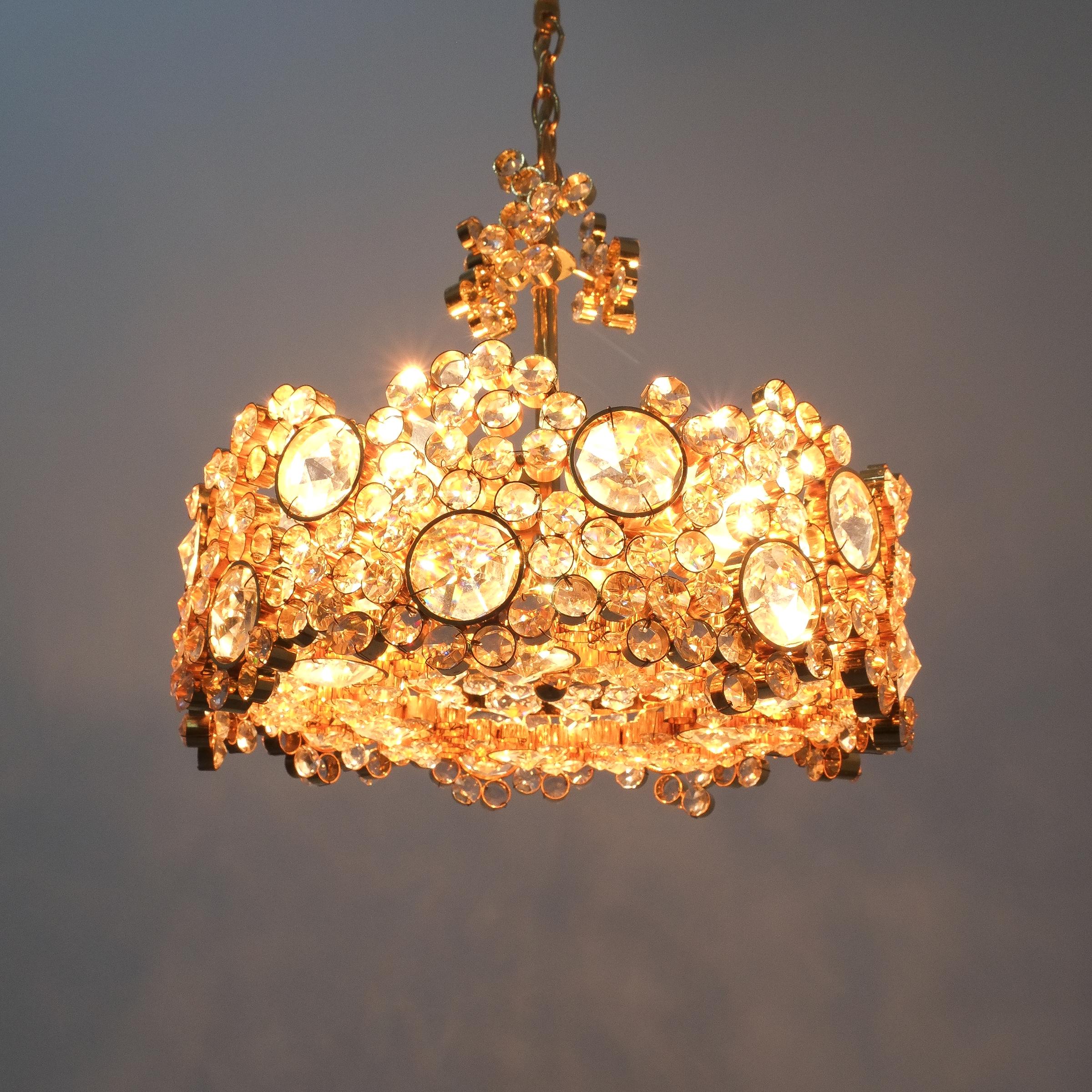 Palwa Crystal Glass Gold-Plated Brass Chandelier Refurbished Lamp 3