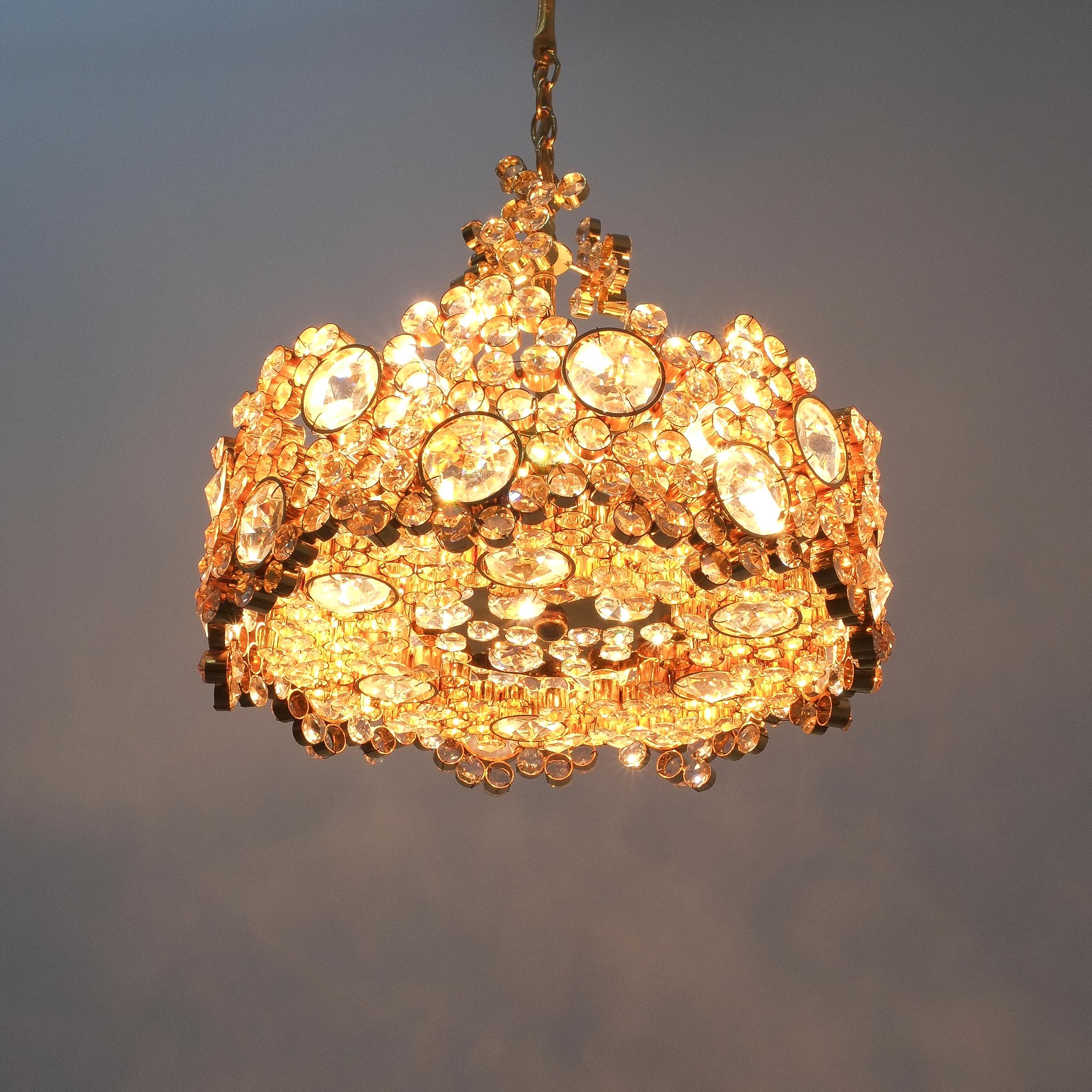 Palwa Crystal Glass Gold-Plated Brass Chandelier Refurbished Lamp 4