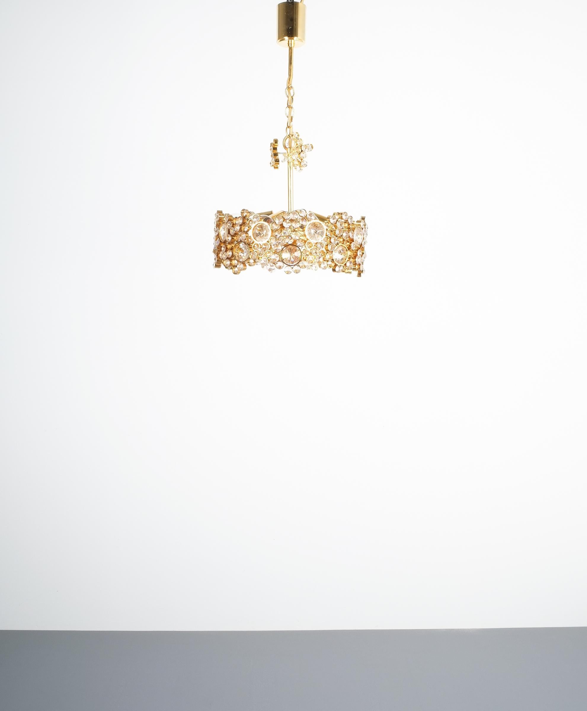Mid-Century Modern Palwa Crystal Glass Gold-Plated Brass Chandelier Refurbished Lamp
