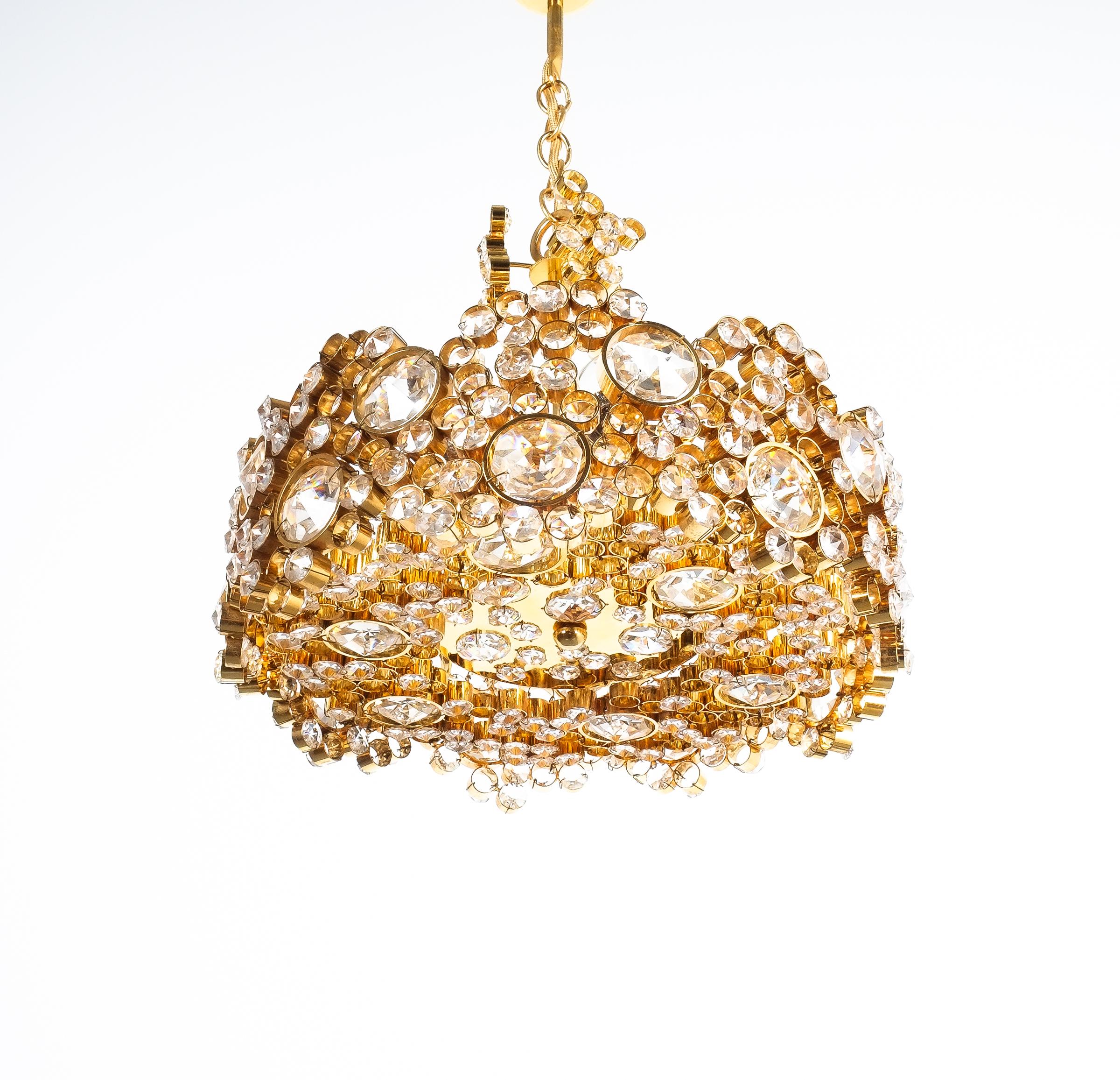 German Palwa Crystal Glass Gold-Plated Brass Chandelier Refurbished Lamp