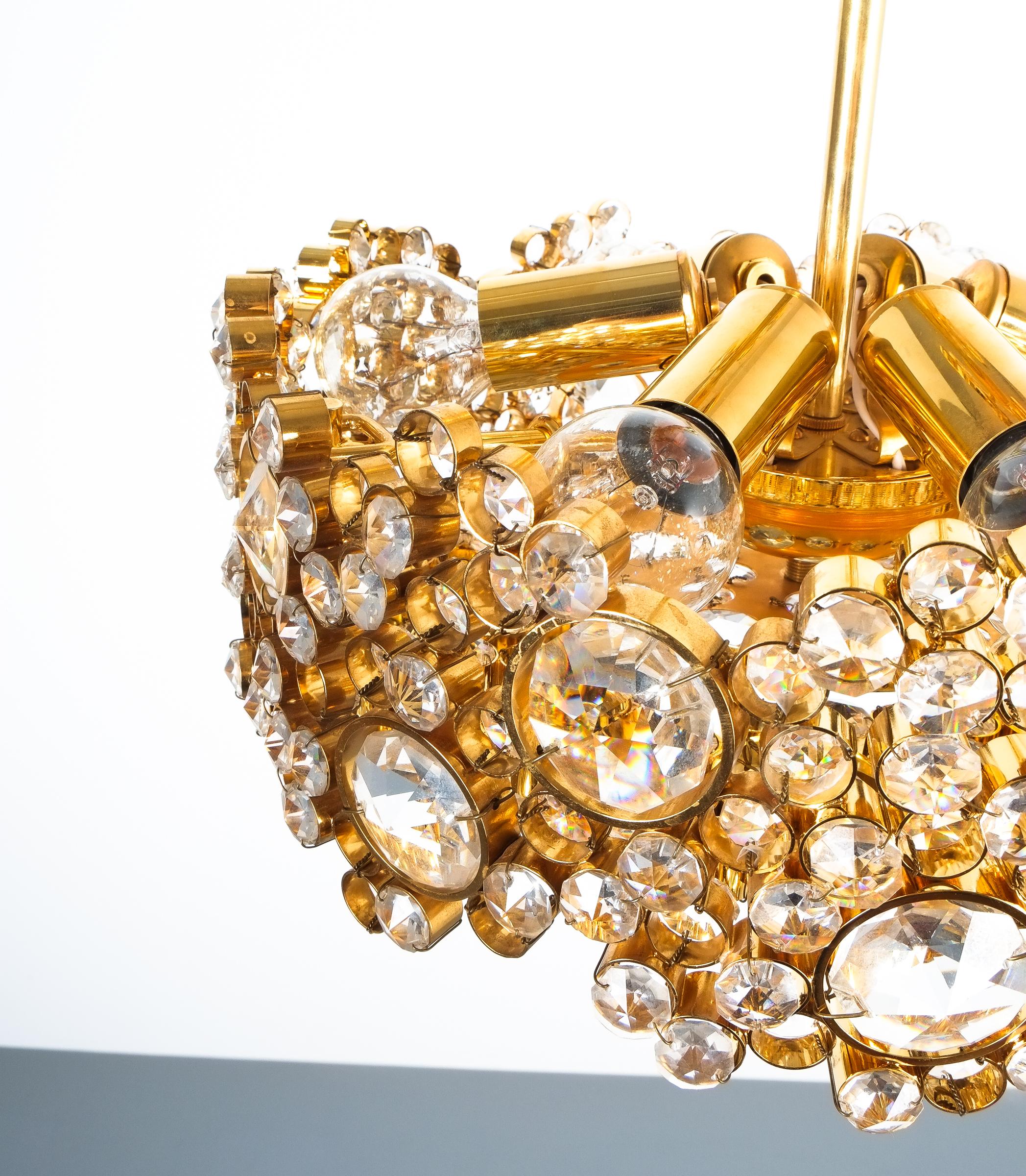 Mid-20th Century Palwa Crystal Glass Gold-Plated Brass Chandelier Refurbished Lamp