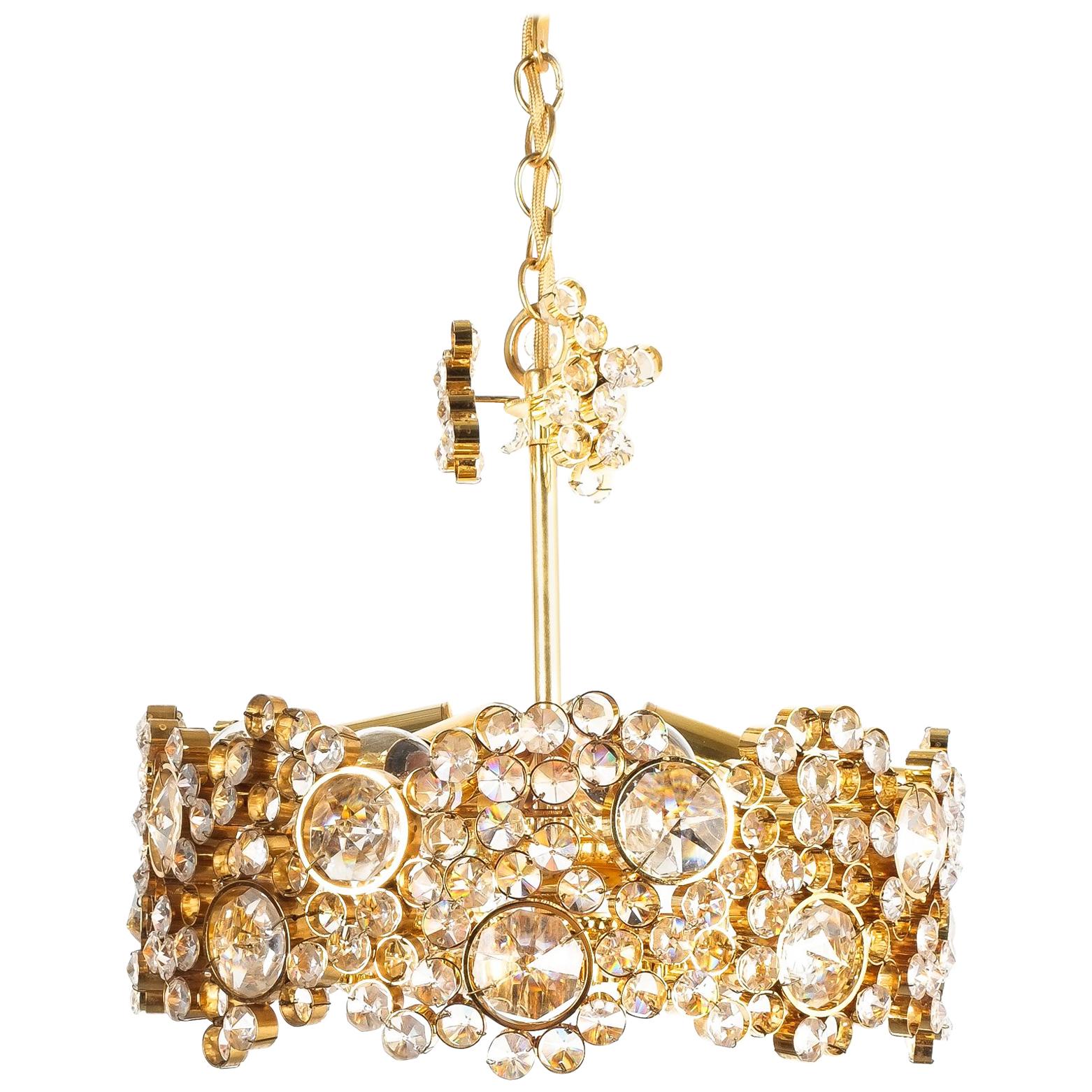 Palwa Crystal Glass Gold-Plated Brass Chandelier Refurbished Lamp
