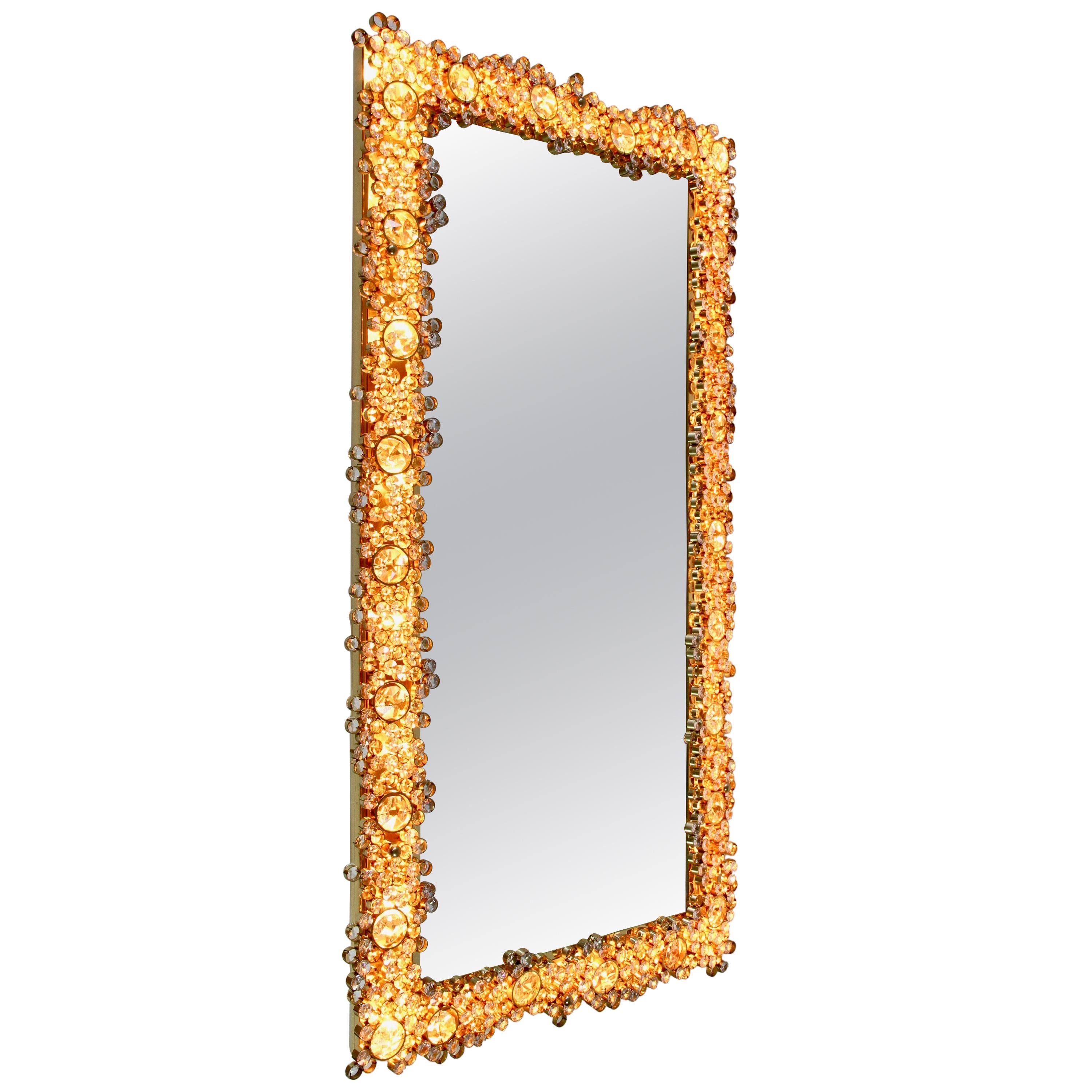 Palwa Extra Large Backlit Wall Mirror with Gilt Brass & Cut Faceted Crystals