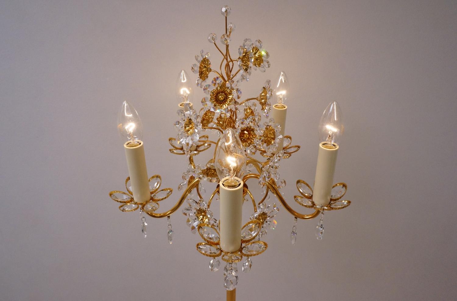 Hollywood Regency Palwa Floor Lamp, Gilt Brass Frame, Crystal Flowers and Beads, German For Sale