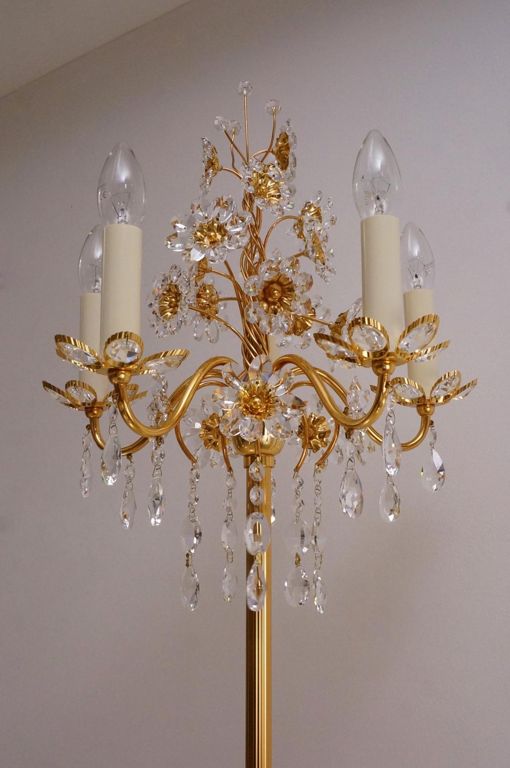 Late 20th Century Palwa Floor Lamp, Gilt Brass Frame, Crystal Flowers and Beads, German For Sale
