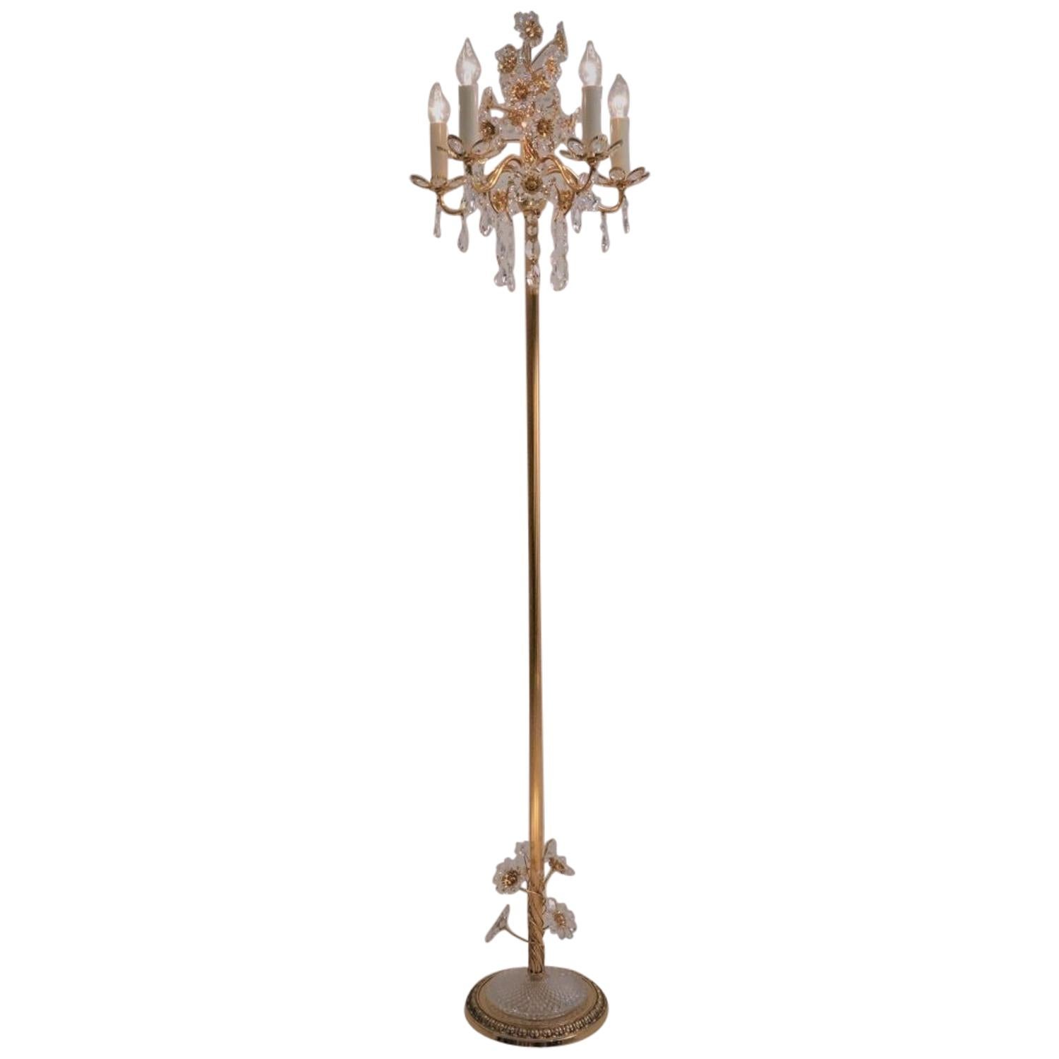 Palwa Floor Lamp, Gilt Brass Frame, Crystal Flowers and Beads, German For Sale