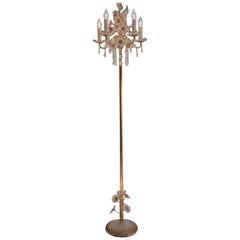 Vintage Palwa Floor Lamp, Gilt Brass Frame, Crystal Flowers and Beads, German