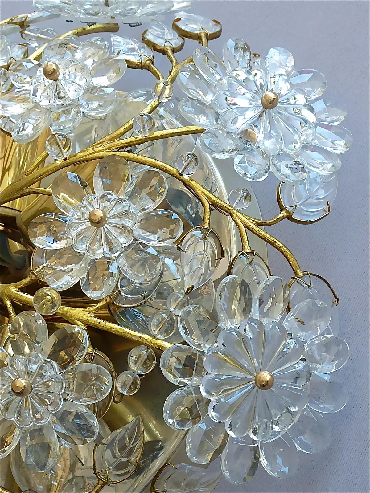 Palwa Flush Mount Chandelier Gilt Flower Bouquet Chrome Leaf Crystal Glass 1960s 2