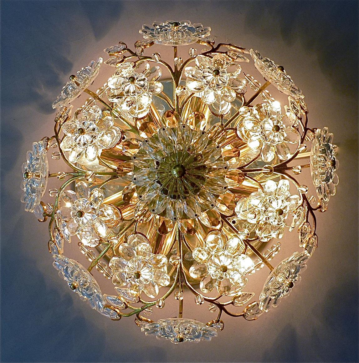 Palwa Flush Mount Chandelier Gilt Flower Bouquet Chrome Leaf Crystal Glass 1960s 6