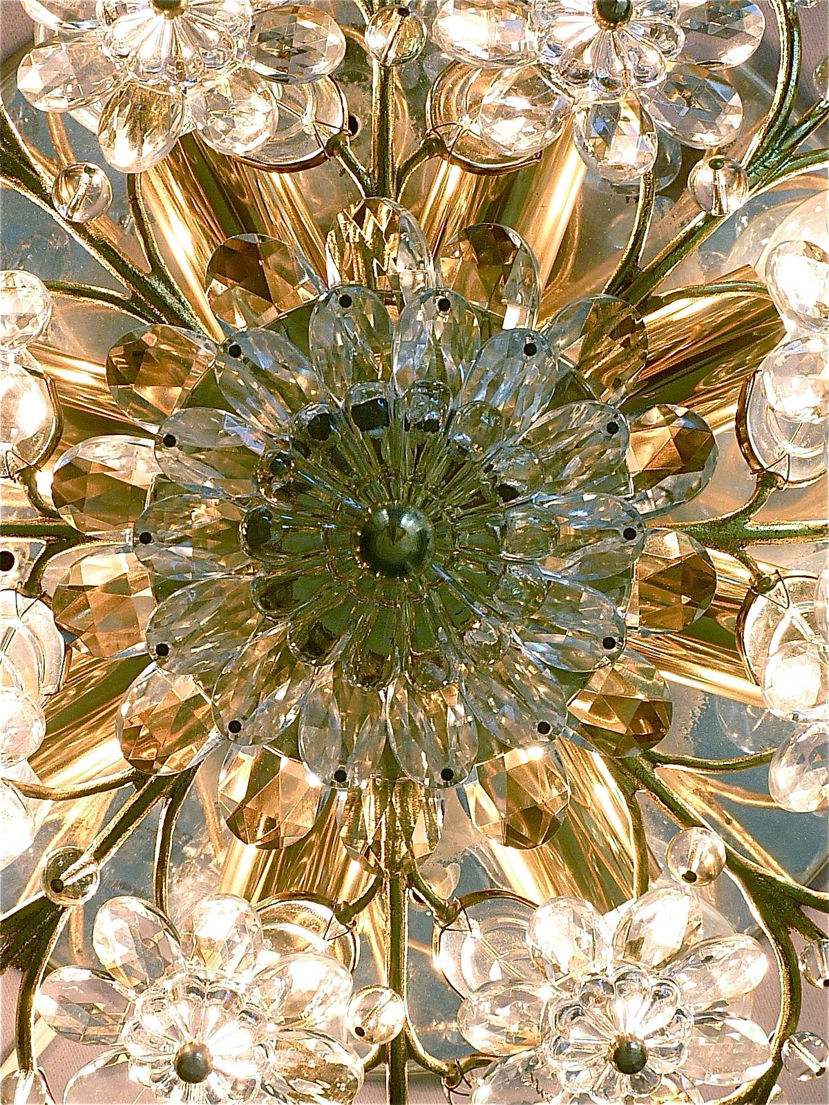 Palwa Flush Mount Chandelier Gilt Flower Bouquet Chrome Leaf Crystal Glass 1960s 7