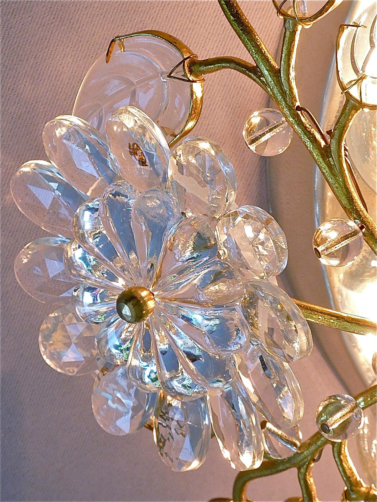 Palwa Flush Mount Chandelier Gilt Flower Bouquet Chrome Leaf Crystal Glass 1960s 8