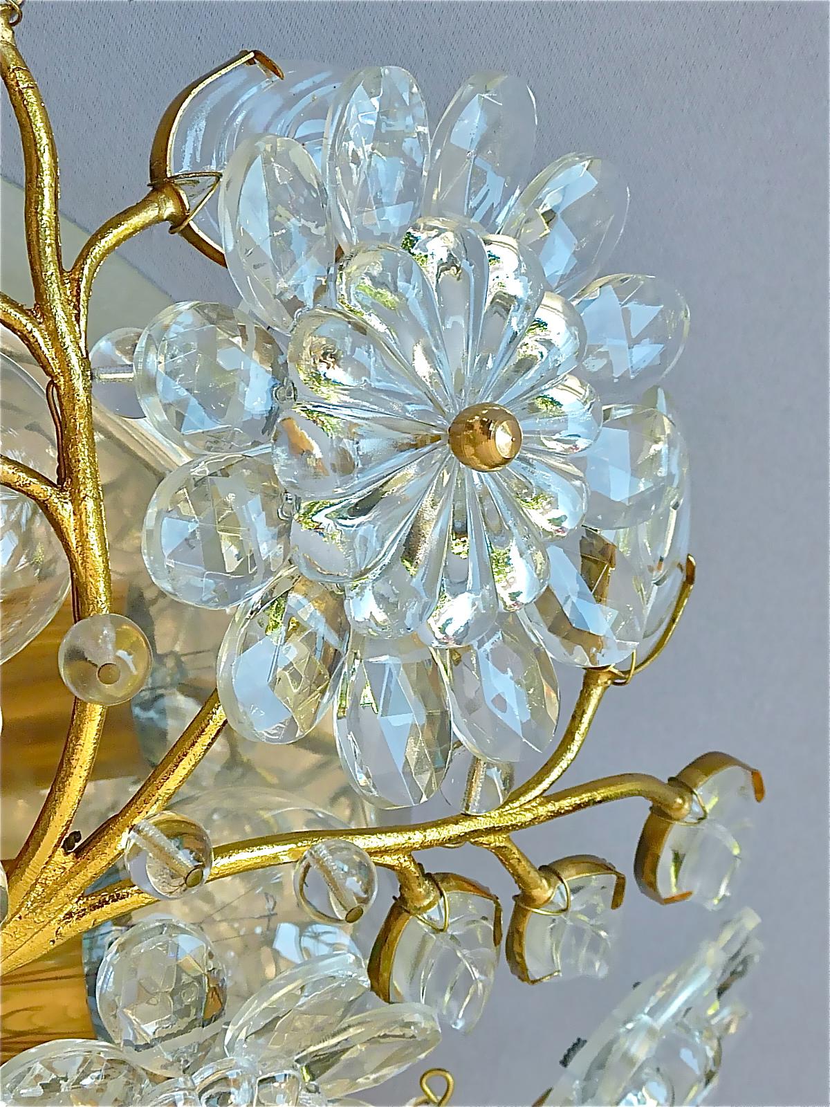 Palwa Flush Mount Chandelier Gilt Flower Bouquet Chrome Leaf Crystal Glass 1960s 9
