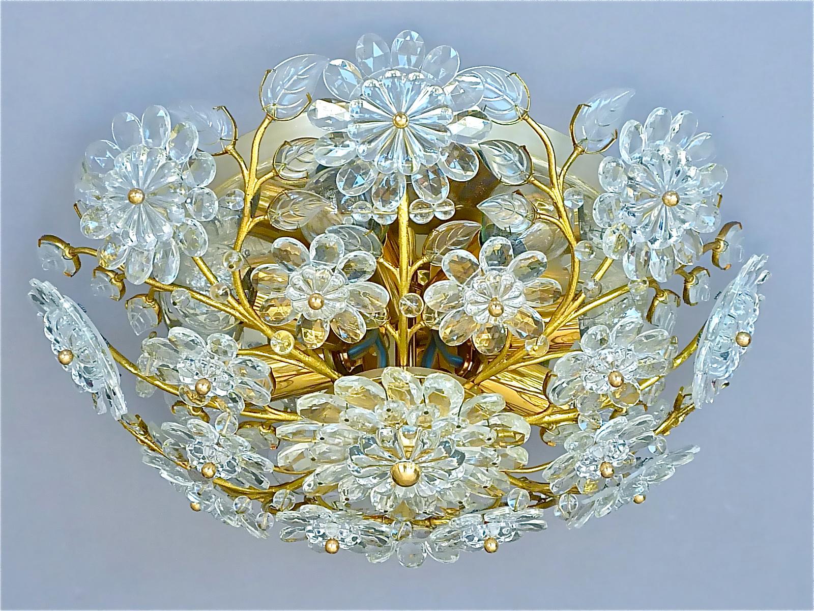 Palwa Flush Mount Chandelier Gilt Flower Bouquet Chrome Leaf Crystal Glass 1960s 10