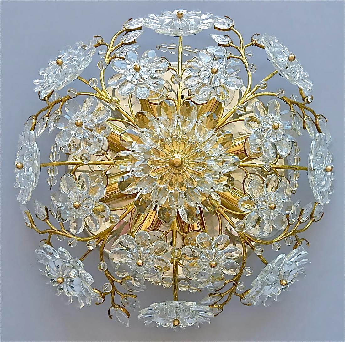 Palwa Flush Mount Chandelier Gilt Flower Bouquet Chrome Leaf Crystal Glass 1960s 11