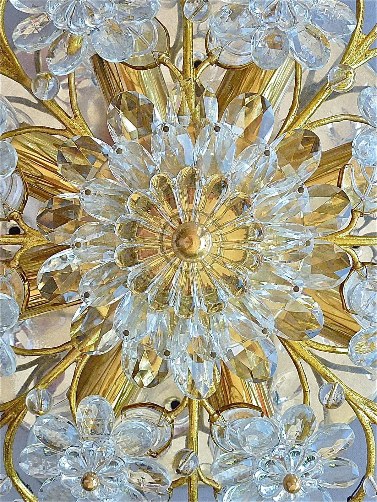 Hollywood Regency Palwa Flush Mount Chandelier Gilt Flower Bouquet Chrome Leaf Crystal Glass 1960s