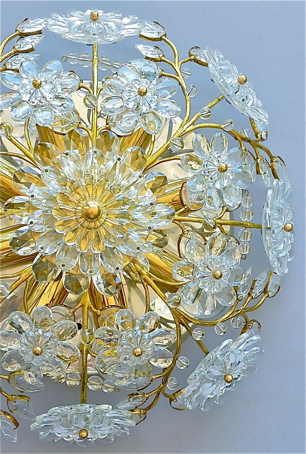 German Palwa Flush Mount Chandelier Gilt Flower Bouquet Chrome Leaf Crystal Glass 1960s