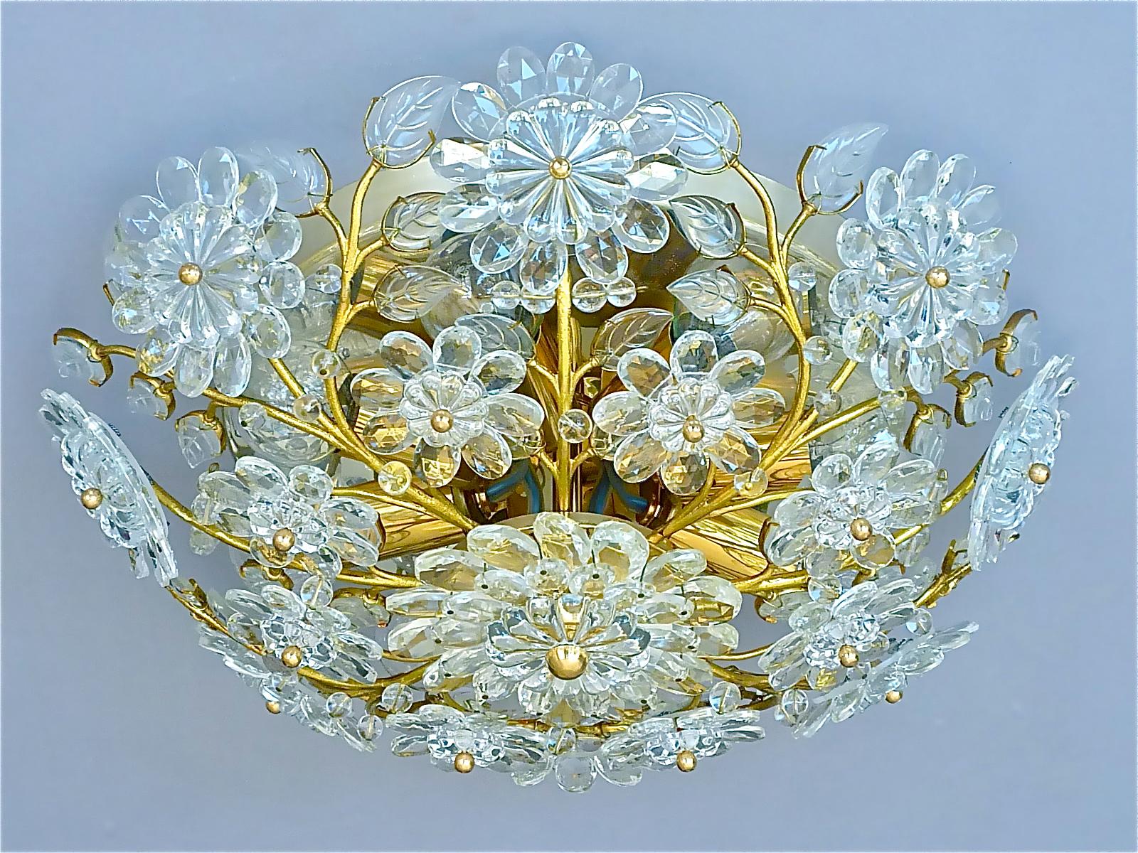 Faceted Palwa Flush Mount Chandelier Gilt Flower Bouquet Chrome Leaf Crystal Glass 1960s