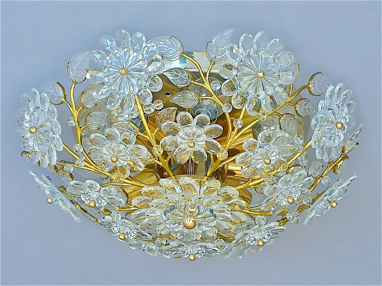 Palwa Flush Mount Chandelier Gilt Flower Bouquet Chrome Leaf Crystal Glass 1960s In Good Condition In Nierstein am Rhein, DE