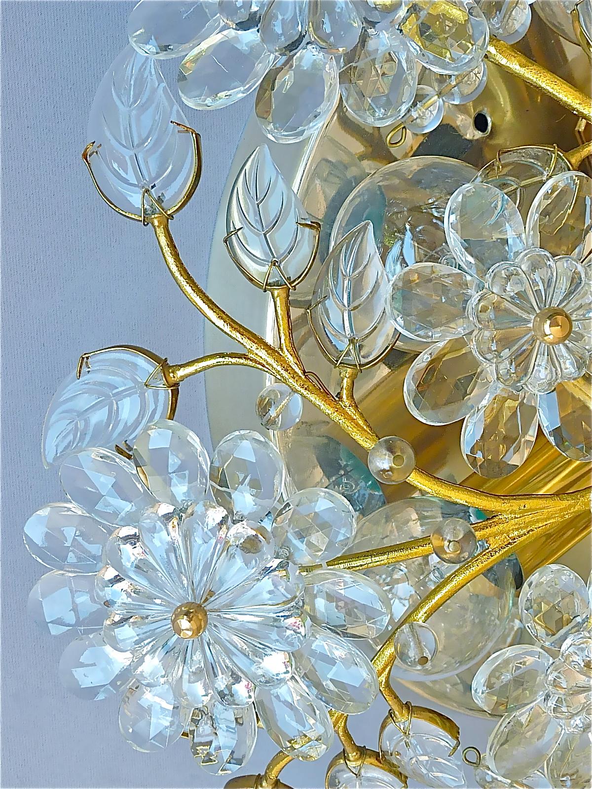 Mid-20th Century Palwa Flush Mount Chandelier Gilt Flower Bouquet Chrome Leaf Crystal Glass 1960s