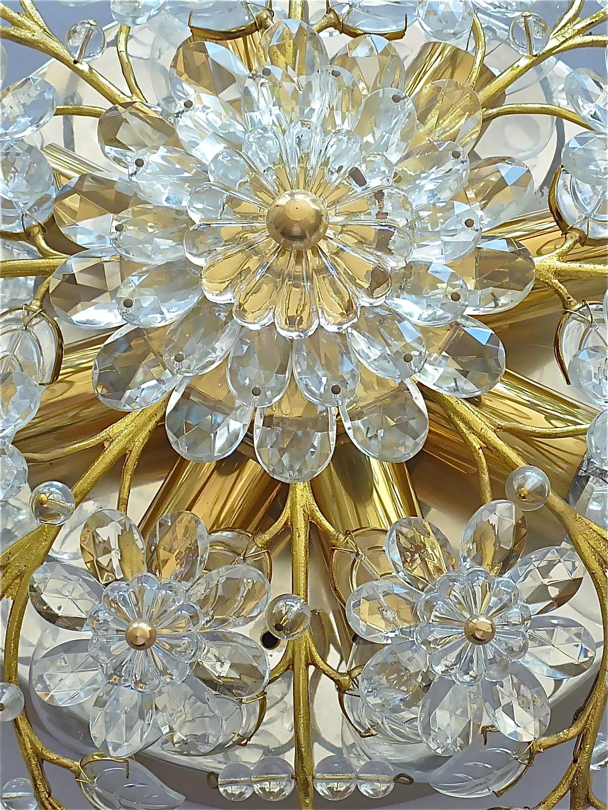 Palwa Flush Mount Chandelier Gilt Flower Bouquet Chrome Leaf Crystal Glass 1960s 1