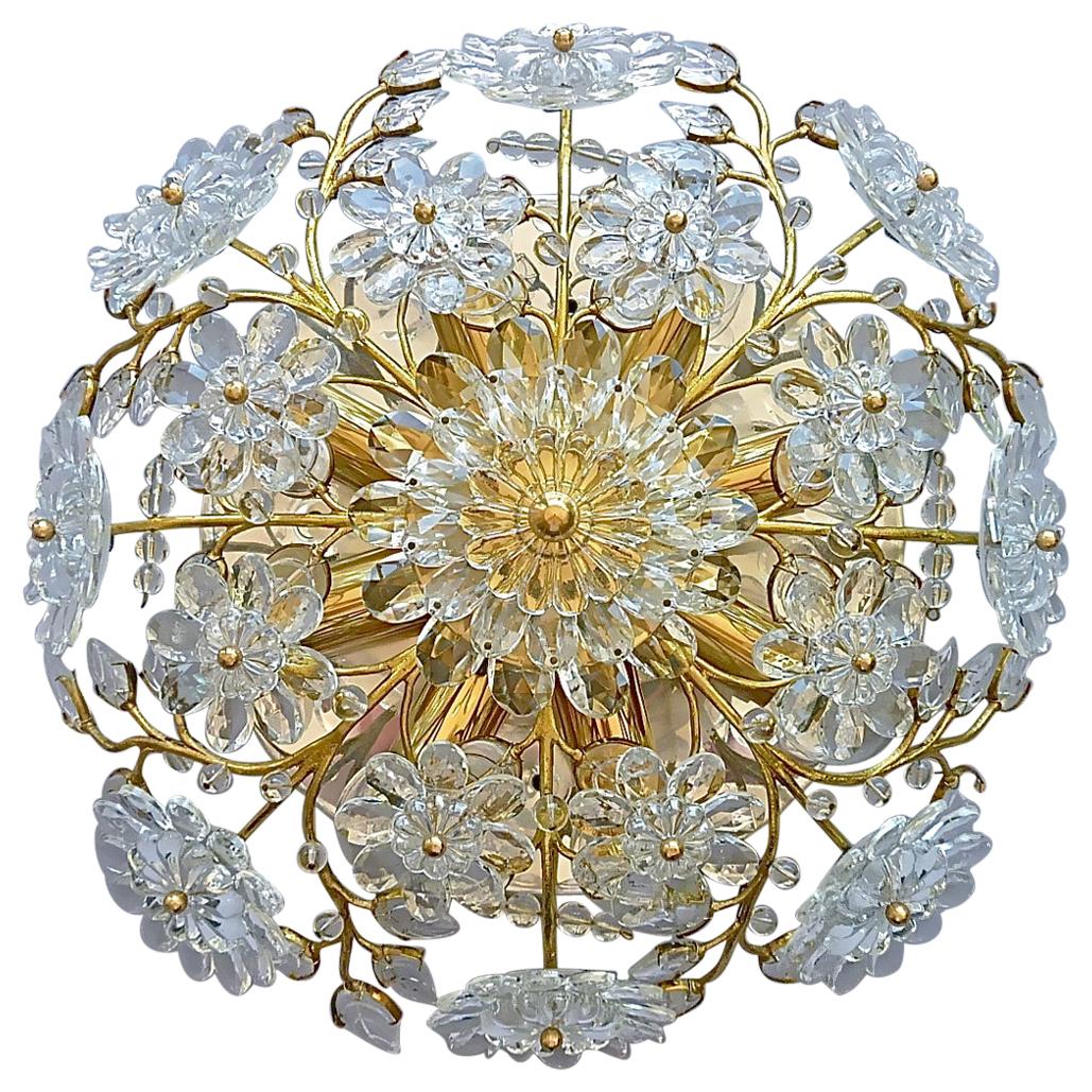 Palwa Flush Mount Chandelier Gilt Flower Bouquet Chrome Leaf Crystal Glass 1960s