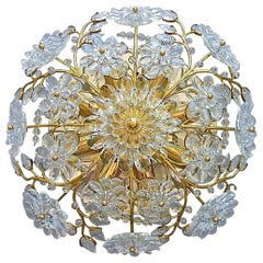 Palwa Flush Mount Chandelier Gilt Flower Bouquet Chrome Leaf Crystal Glass 1960s