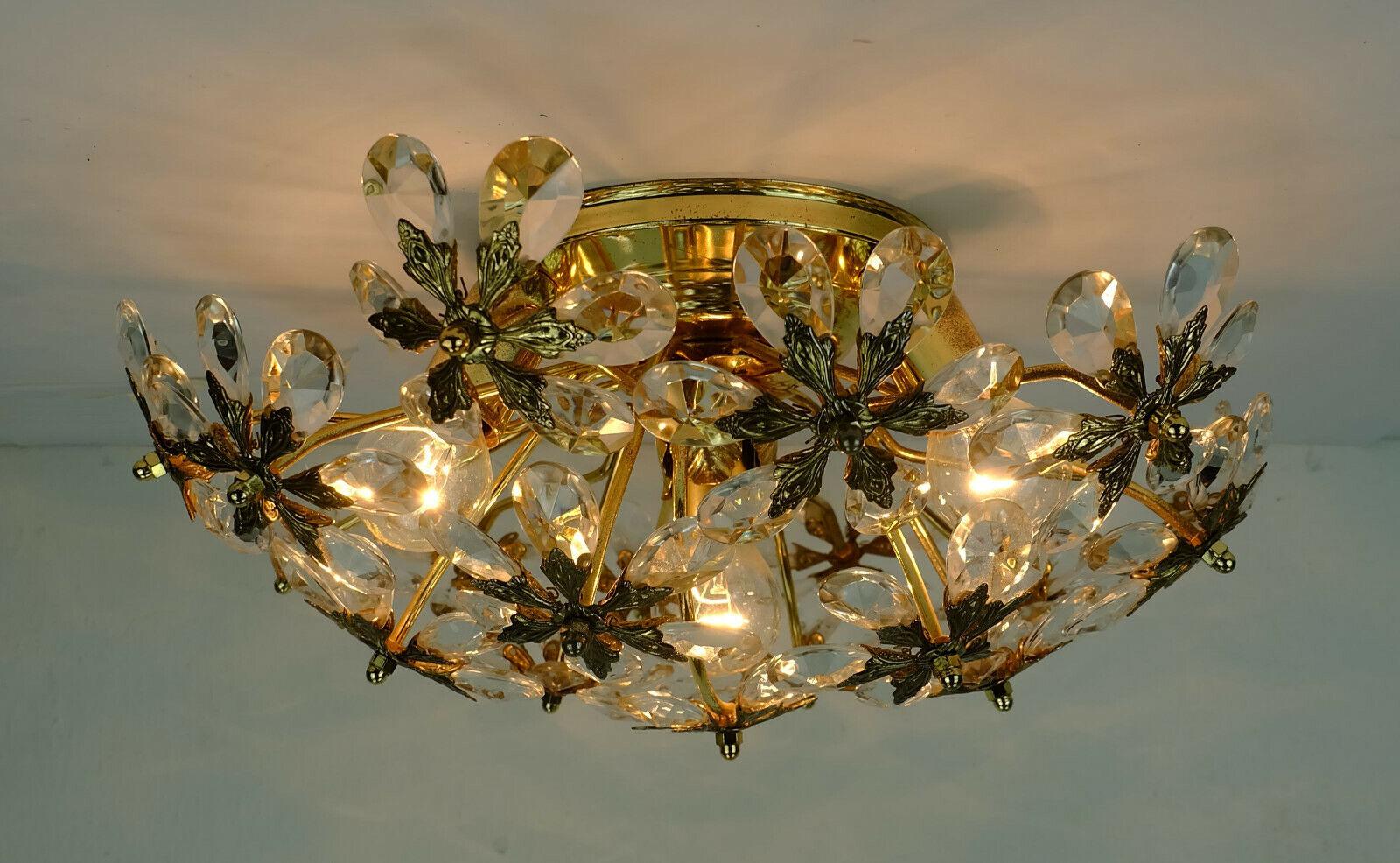 Late 20th Century Palwa Flush Mount Glass Blossoms 1970s Glass Crystals and Gilt Brass For Sale