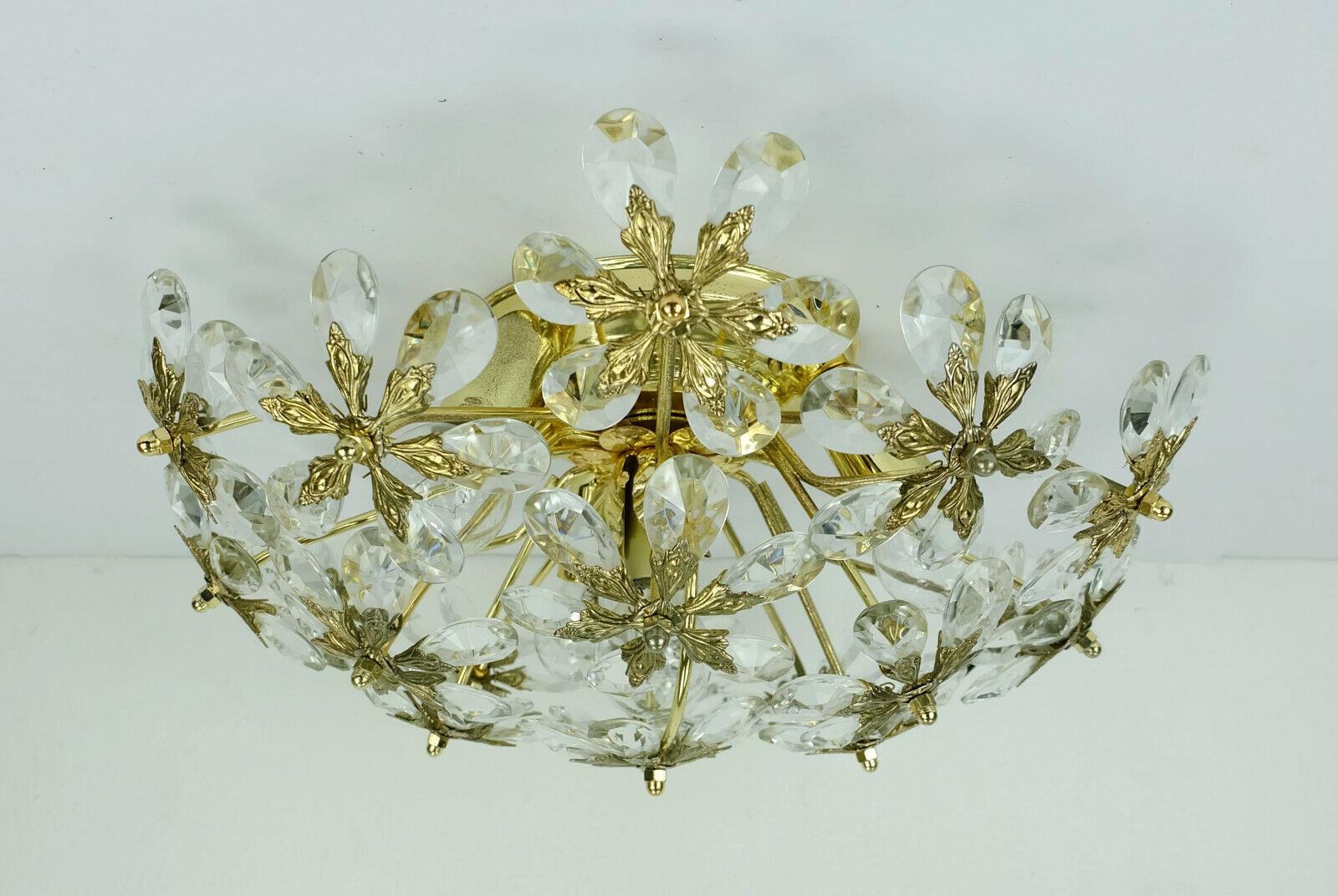 Palwa Flush Mount Glass Blossoms 1970s Glass Crystals and Gilt Brass For Sale 1