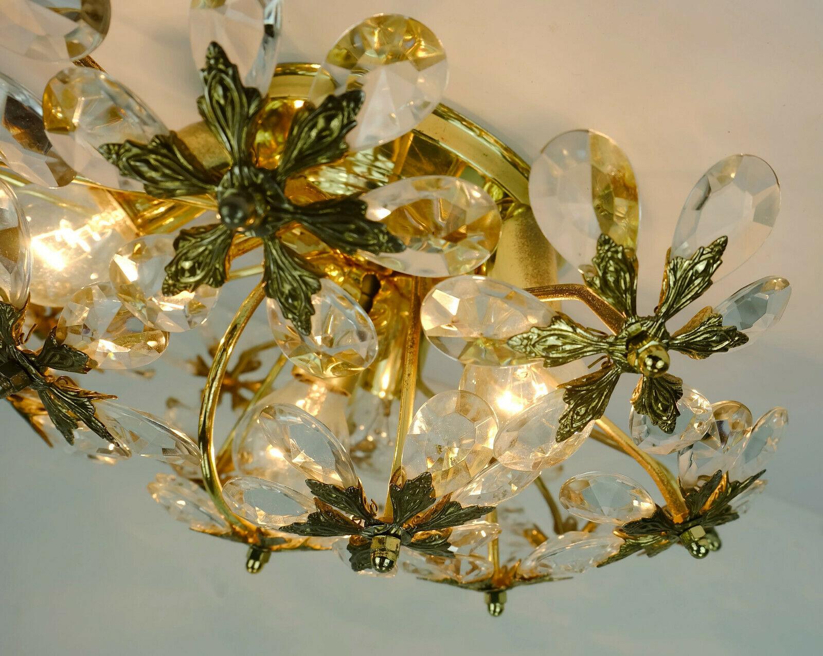 Palwa Flush Mount Glass Blossoms 1970s Glass Crystals and Gilt Brass For Sale 2