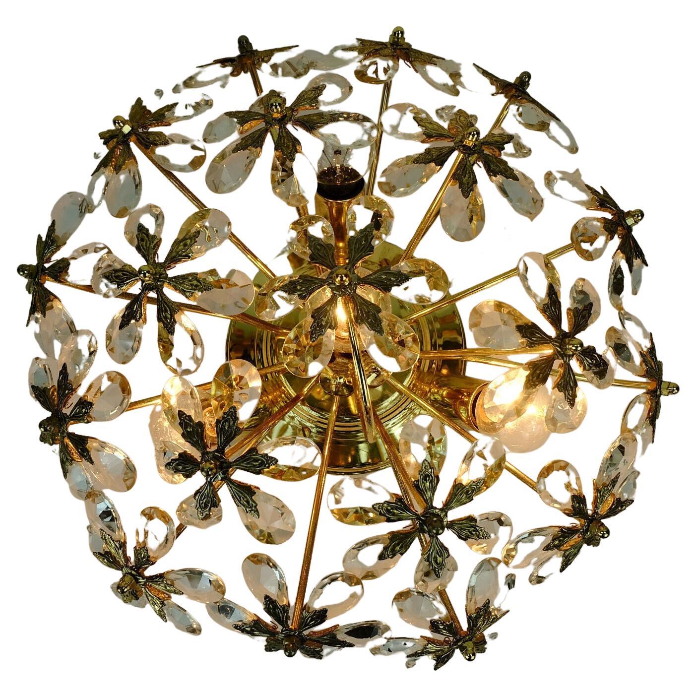 Palwa Flush Mount Glass Blossoms 1970s Cristalli di vetro e ottone dorato in vendita