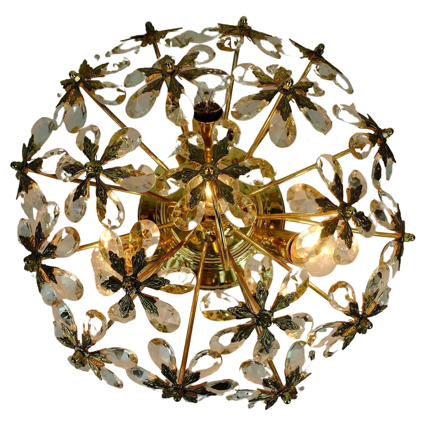 Palwa Flush Mount Glass Blossoms 1970s Glass Crystals and Gilt Brass For Sale