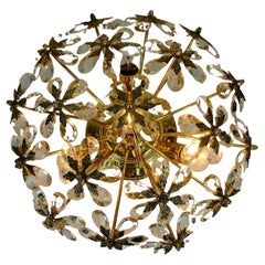 Palwa Flush Mount Glass Blossoms 1970s Glass Crystals and Gilt Brass