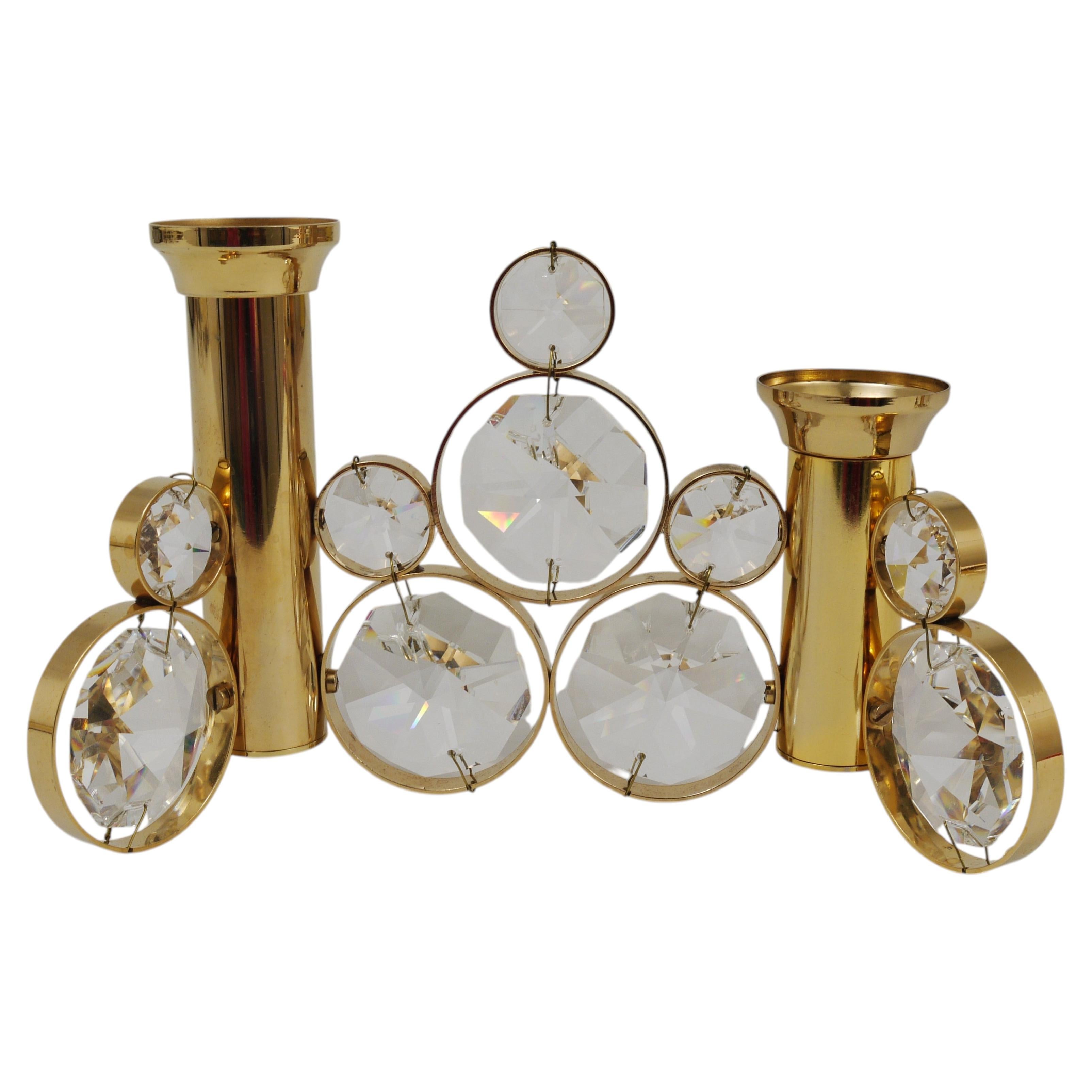 Palwa Gaetano Sciolari Style Brass & Crystal Candle Holder Candlestick, 1970s For Sale