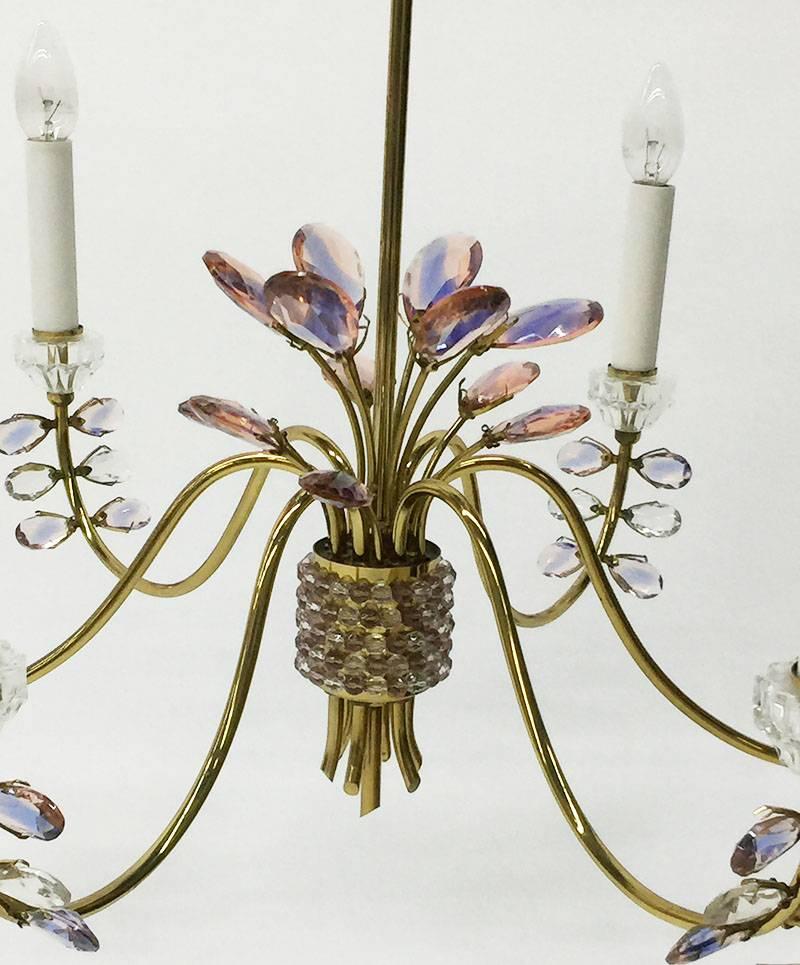 20th Century Germany Chandelier, Brass and Faceted Crystals by Palwa, 1970s For Sale