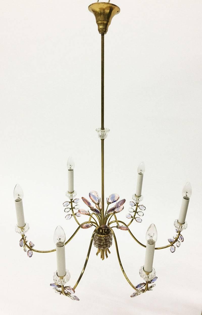 Germany Chandelier, Brass and Faceted Crystals by Palwa, 1970s For Sale 1
