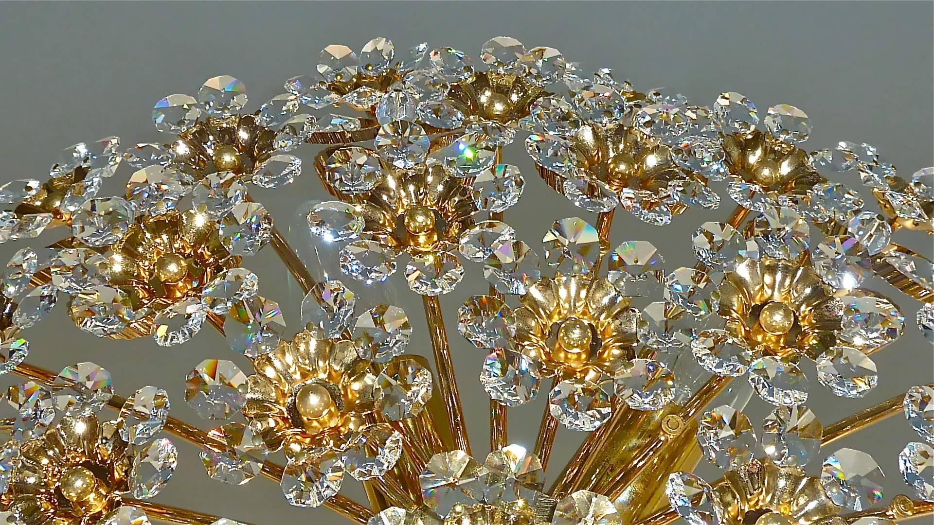 Hollywood Regency Palwa Gilt Brass Crystal Glass Flush Mount Chandelier Floral Flower Bouquet 1960