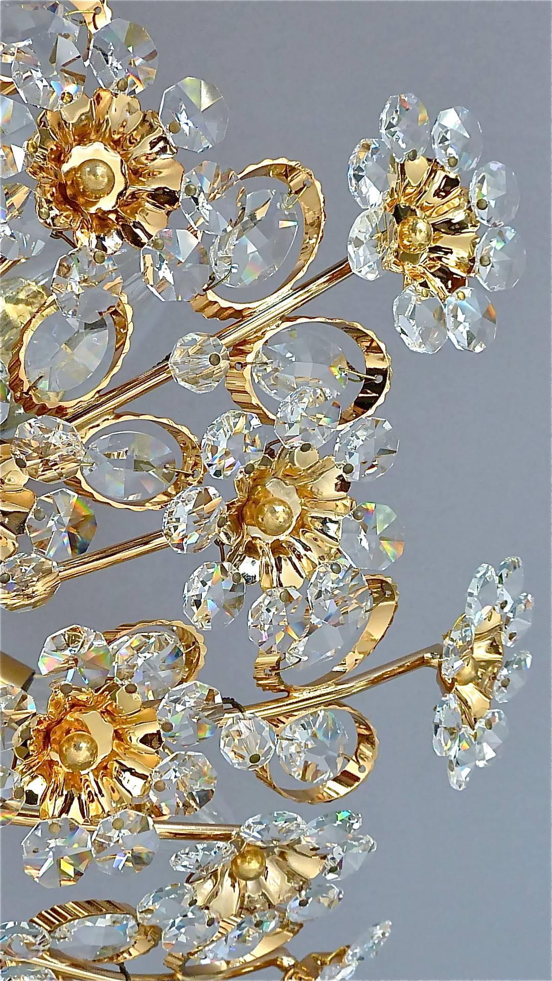 German Palwa Gilt Brass Crystal Glass Flush Mount Chandelier Floral Flower Bouquet 1960